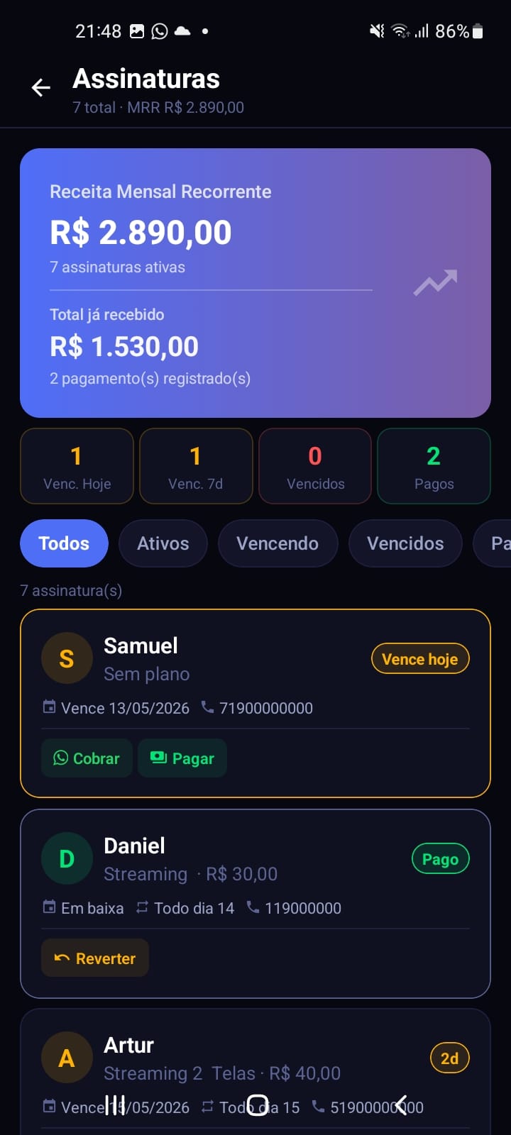 Tela Assinaturas do Controle de Assinaturas Pro