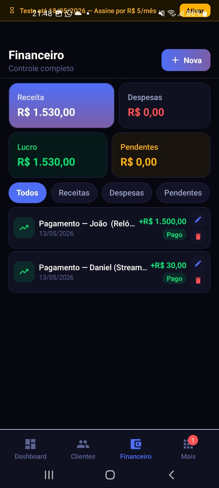 Tela Financeiro do Controle de Assinaturas Pro